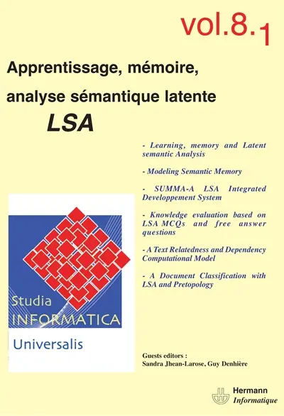 Studia informatica universalis, n° 8-1. Apprentissage, mémoire, analyse sémantique latente LSA