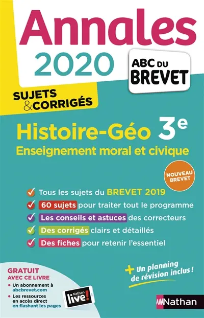 Histoire géographie, enseignement moral et civique 3e : annales 2020, sujets & corrigés : nouveau brevet