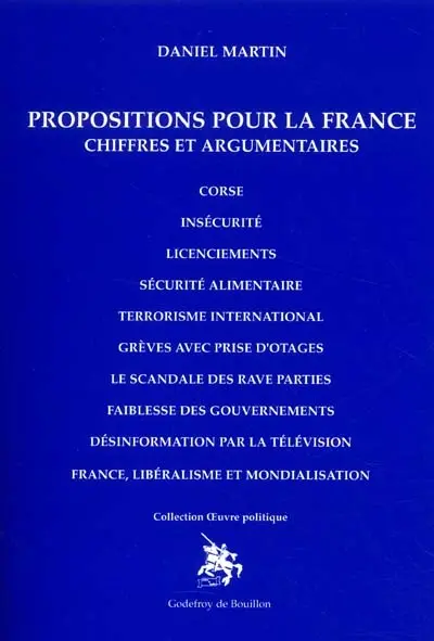 Propositions pour la France : chiffres et argumentaires : Corse, insécurité, licenciements, sécurité alimentaire, terrorisme international, grèves avec prise d'otages, le scandale des raves parties, faiblesse des gouvernements...