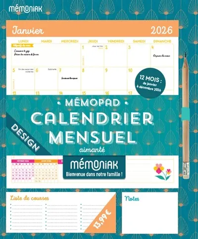 Mémopad, calendrier mensuel aimanté Mémoniak 2026 : design : 12 mois, de janvier à décembre 2026