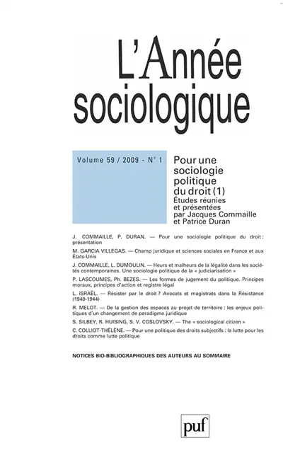 Année sociologique (L'), n° 1 (2009). Pour une sociologie politique du droit, 1