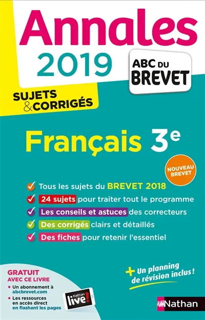 Français 3e : annales 2019, sujets & corrigés : nouveau brevet