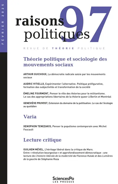 Raisons politiques, n° 97. Théorie politique et sociologie des mouvements sociaux