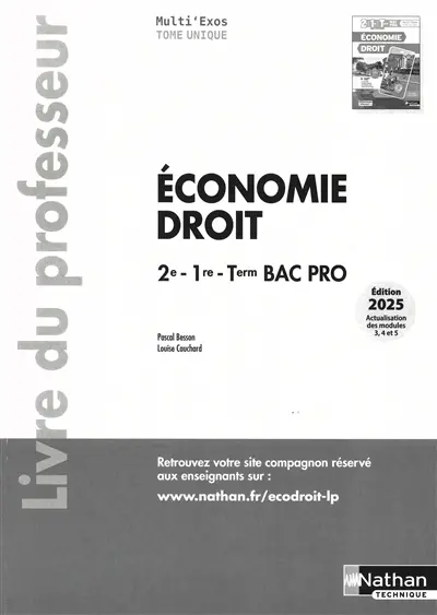 Economie, droit 2de, 1re, terminale bac pro : livre du professeur