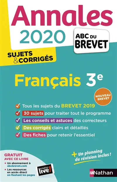Français 3e : annales brevet 2020, sujets & corrigés : nouveau brevet