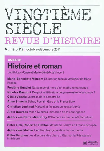 Vingtième siècle, n° 112. Histoire et roman