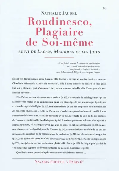 Roudinesco plagiaire de soi-même. Lacan, Maurras et les Juifs