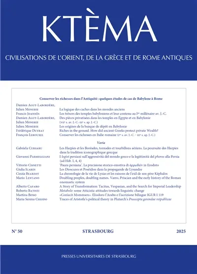 Ktèma : civilisations de l'Orient, de la Grèce et de Rome antiques, n° 50. Conserver les richesses dans l'Antiquité : quelques études de cas de Babylone à Rome
