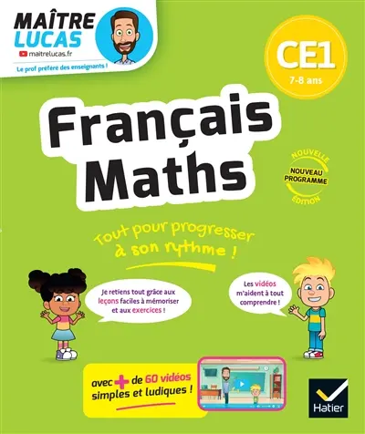 Français, maths CE1, 7-8 ans : cahier de soutien avec des vidéos, leçons et exercices corrigés : nouveau programme