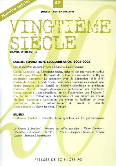 Vingtième siècle, n° 87. Laïcité, séparation, sécularisation : 1905-2005