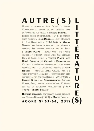 Agone, n° 63-64. Autre(s) littérature(s) ?