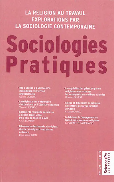 Sociologies pratiques, n° 39. La religion au travail : explorations par la sociologie contemporaine