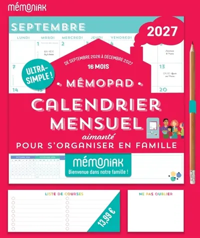 Mémopad, calendrier mensuel aimanté Mémoniak 2027 : pour s'organiser en famille : 16 mois, de septembre 2026 à décembre 2027