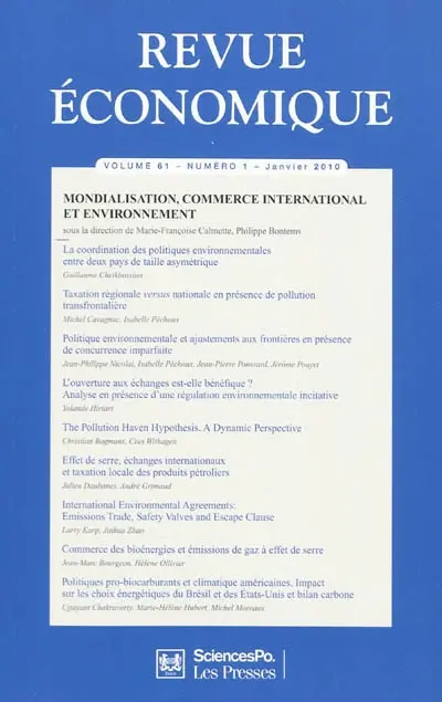 Revue économique, n° 61-1. Mondialisation, commerce international et environnement