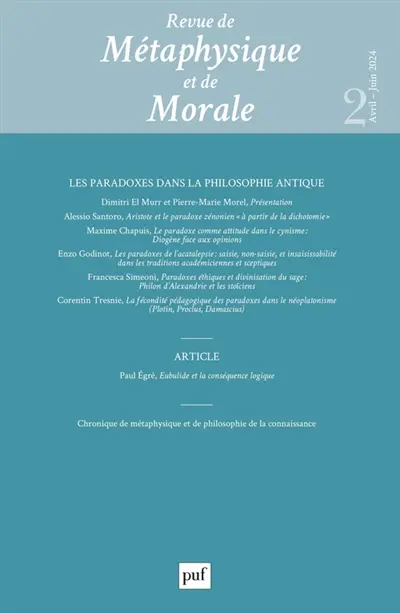 Revue de métaphysique et de morale, n° 2 (2024). Les paradoxes dans la philosophie antique