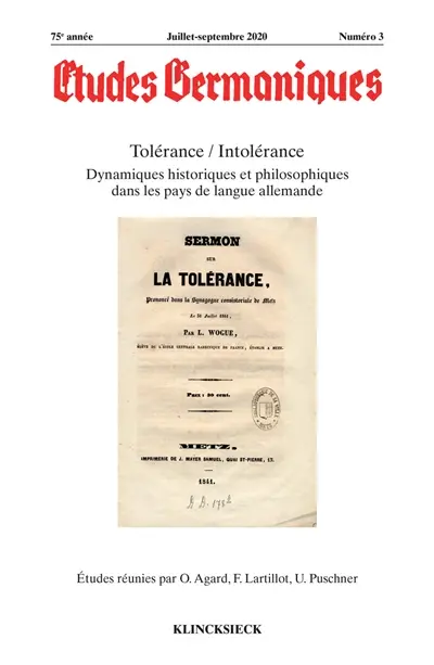 Etudes germaniques, n° 3 (2020). Tolérance-intolérance : dynamiques historiques et philosophiques dans les pays de langue allemande