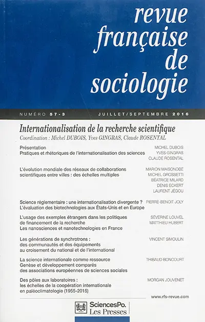 Revue française de sociologie, n° 57-3. Internationalisation de la recherche scientifique