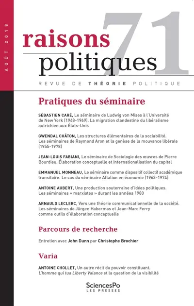 Raisons politiques, n° 71. Pratiques du séminaire