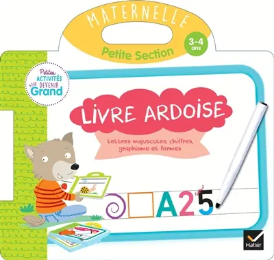 Livre ardoise, maternelle, petite section, 3-4 ans : lettres majuscules, chiffres, graphisme et formes