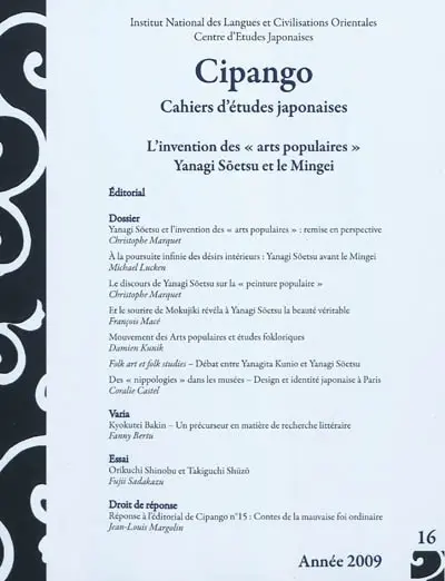 Cipango, n° 16. L'invention des arts populaires : Yanagi Soetsu et le mingei