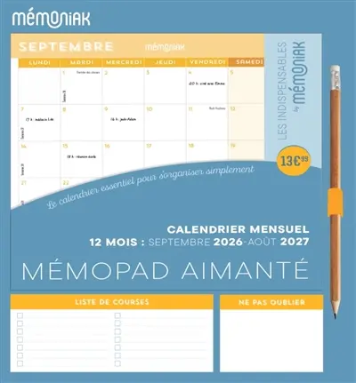 Mémopad, calendrier mensuel aimanté Mémoniak 2027 : mes indispensables : 12 mois, de septembre 2026 à août 2027