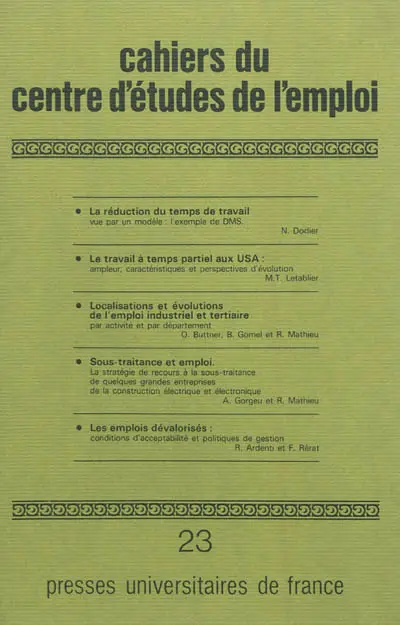 La réduction du temps de travail vue par un modèle : l'exemple de DMS. Le travail à temps partiel aux USA : ampleur, caractéristiques et perspectives d'évolution. Localisations et évolutions de l'emploi industriel et tertiaire : par activité et par département
