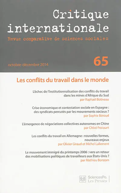 Critique internationale, n° 65. Les conflits au travail dans le monde (2)