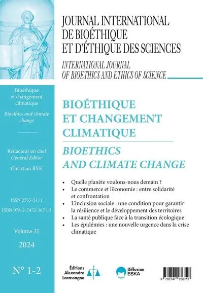 Journal international de bioéthique et d'éthique des sciences, n° 1-2 (2024). Bioéthique et changement climatique. Bioethics and climate change