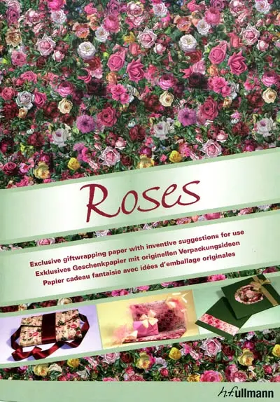 Roses : exlusives giftwrapping paper with inventive suggestions for use. Exklusives Geschenkpapier mit originellen Verpackungsideen. Papier cadeau fantaisie avec idées d'emballage originales